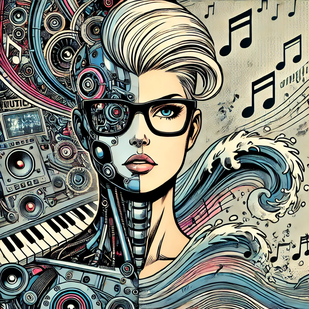 DALL·E 2024-08-28 10.42.54 - A comic-style image featuring a unique, non-stereotypical woman with very short platinum blonde hair and large square black glasses. She has a futuris Kopie